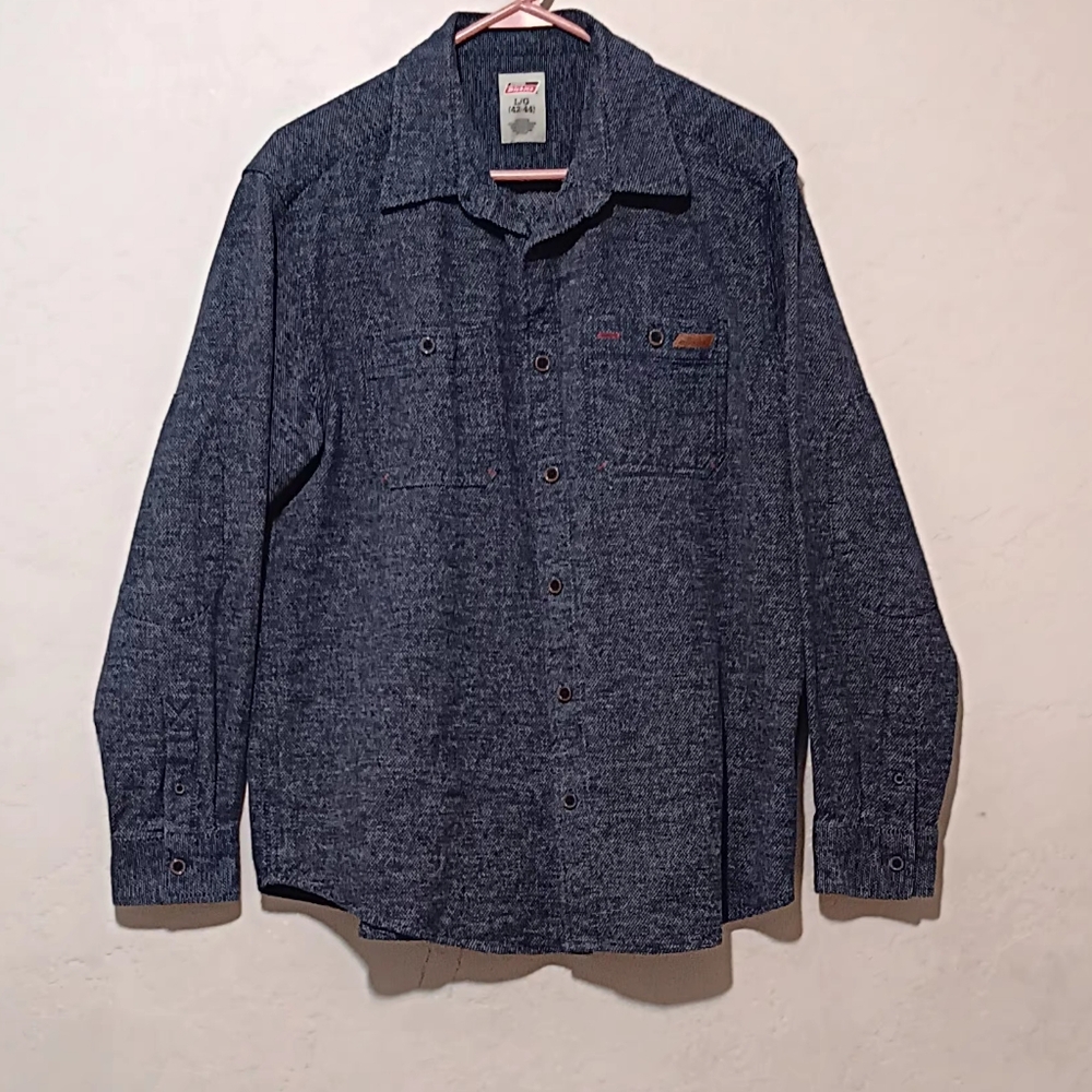 Dickies Navy‎ Textured Shirt Men Button Down Long Sleeve Cotton L (42-44)